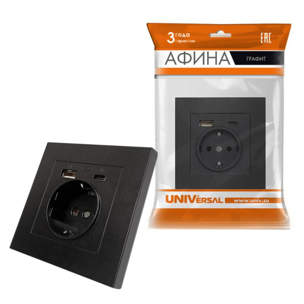 Розетка СП Афина 16А с заземл. с 2-мя заряд. устр. USB 5В тип А(2.4А)+С(4А) в сборе серебр. Universal A0056-S