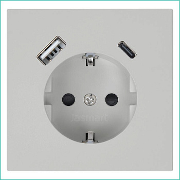 Розетка СП FD Shuko 16А с заземл. защ. шторки с 2-мя заряд. устр. USB тип A+C 25Вт механизм тауп матов. soft touch Jasmart FD5501USB-25PTM