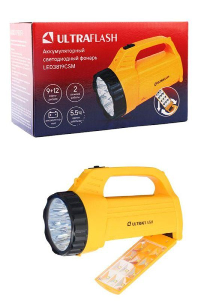 Фонарь аккумуляторный LED3819CSM 9LED + 12SMD 2 режима аккум. SLA 220В желт. Ultraflash 12860
