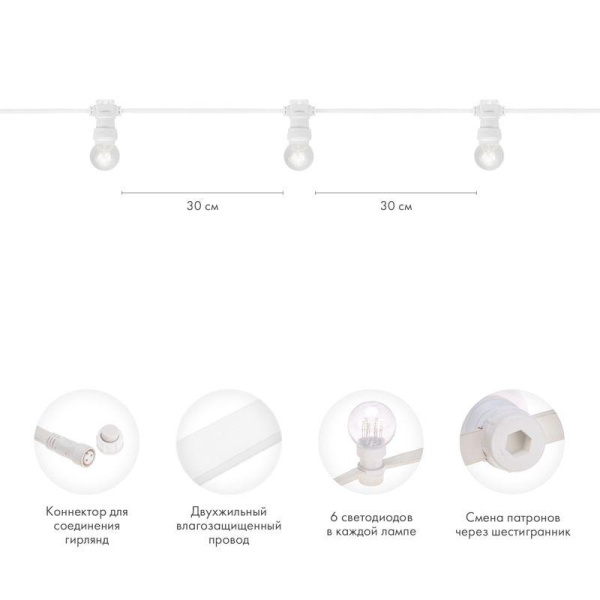 Гирлянда светодиодная "LED Galaxy Bulb String" 10м 6х30LED тепл. бел. 25Вт IP65 провод каучук бел. Neon-Night 331-306