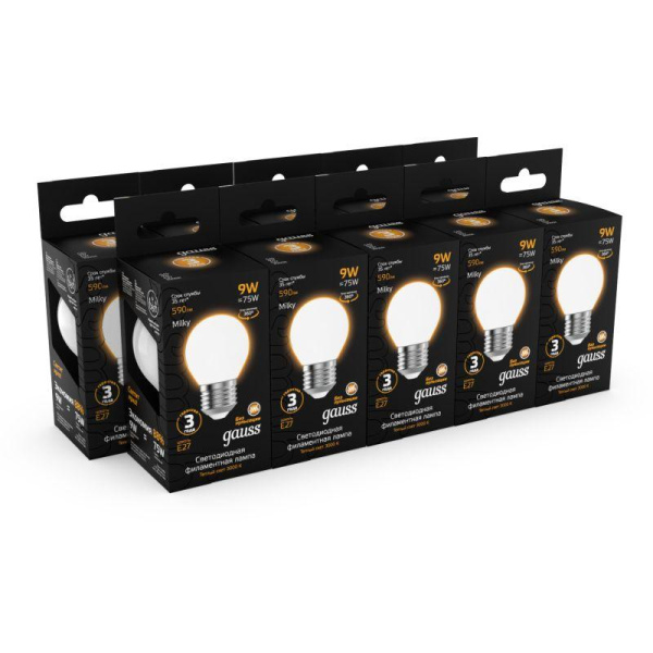 Лампа светодиодная филаментная Black Filament 9Вт P45 шар матовая 3000К тепл. бел. E27 590лм GAUSS 105202109