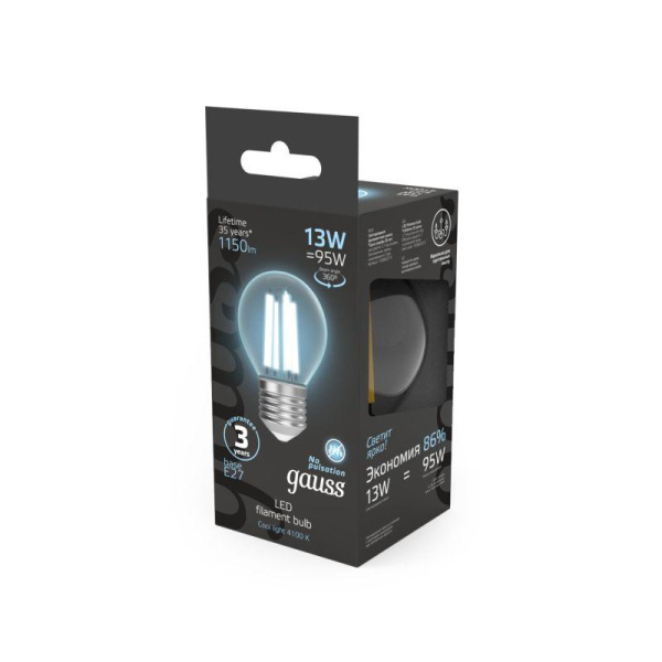 Лампа светодиодная филаментная Black Filament 13Вт P45 шар 4100К нейтр. бел. E27 1150лм GAUSS 105802213