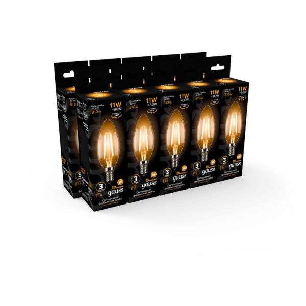 Лампа светодиодная филаментная Black Filament 11Вт свеча 2700К тепл. бел. E14 810лм GAUSS 103801111