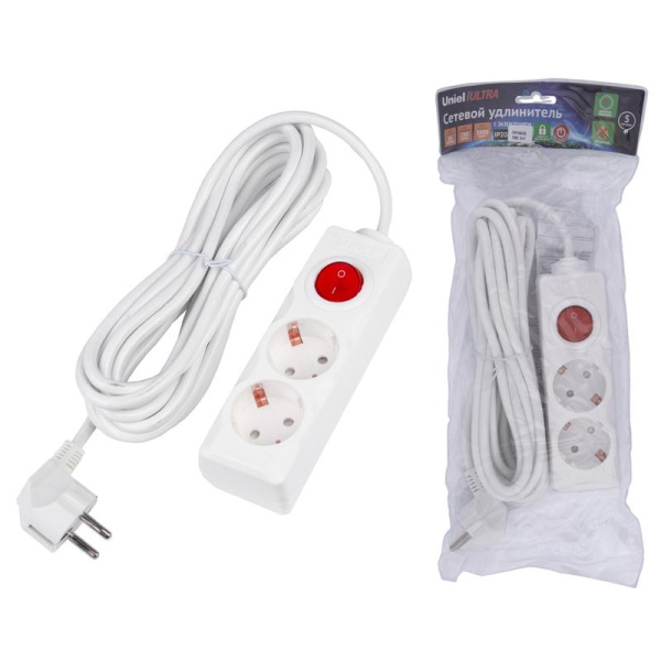 Удлинитель 2х5м с заземл. 16А Ultra S-GCU2-5B WHITE бел. Uniel UL-00010012