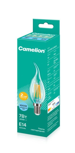 Лампа светодиодная филаментная LED7-CW35-FL/845/E14 7Вт свеча прозрачная 4500К бел. E14 220В Camelion 13455