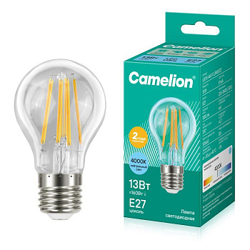 Лампа светодиодная филаментная LED13-A60-FL/845/E27 13Вт грушевидная прозрачная 4500К бел. E27 220В Camelion 13717