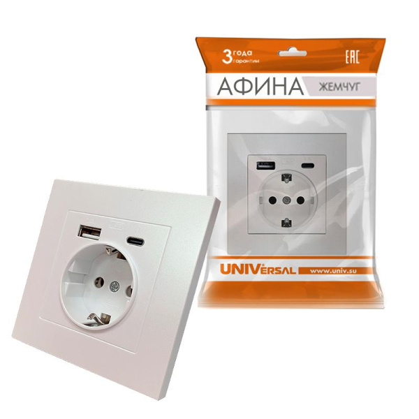 Розетка 2-м USB СП Афина тип А+С 5В 1х2.4А 2х4А механизм слон. кость (ivory) Universal A0059-I