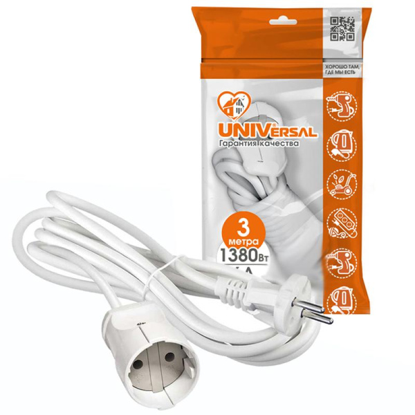 Удлинитель-шнур 1х3м без заземл. 6А IP44 УШ-6 ПВС 2х0.75 UNIVersal 5568946