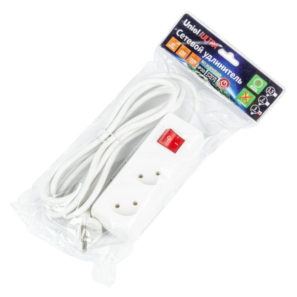 Удлинитель 2х3м без заземл. 10А Ultra S-CU2-3B WHITE бел. Uniel UL-00009992