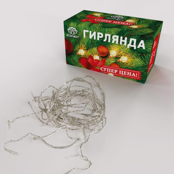 Гирлянда светодиодная "Бахрома" 3х0.8м 200LED тепл. бел. 9Вт 220-240В IP20 провод ПВХ прозр. Neon-Night 255-066