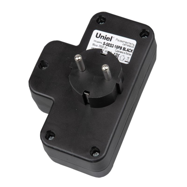 Разветвитель сетевой с выкл. S-GES2-16PB BLACK с/з 2 гнезда 16А 3500Вт черн. Uniel UL-00011244