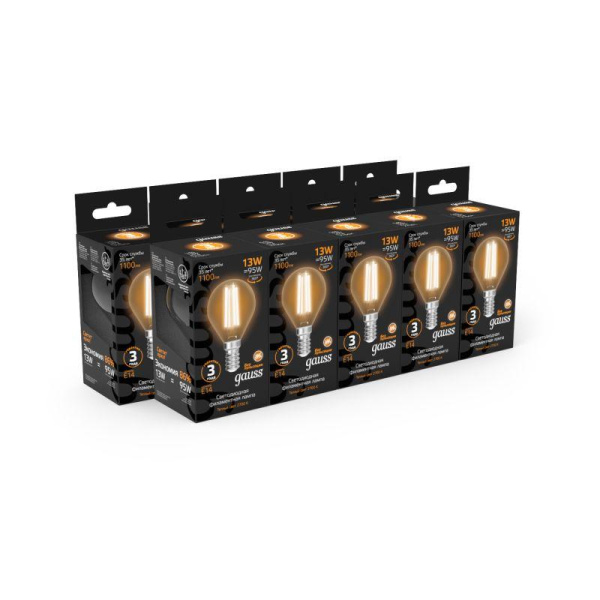 Лампа светодиодная филаментная Black Filament 13Вт P45 шар 2700К тепл. бел. E14 1100лм GAUSS 105801113