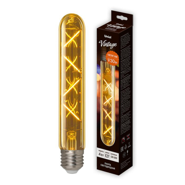 Лампа светодиодная LED-L32A-4W-GOLDEN-E27 GLV21GO Vintage цилиндр янтарная (картон) Uniel UL-00010553