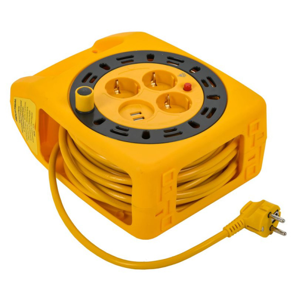 Удлинитель на катушке 3х15м с заземл. Industrial УК15 2P+PE 3х1.5кв.мм USBх2 LED термозащита IEK IN-KP24-16-03-15-UL