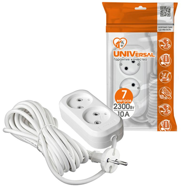 Удлинитель 2х7м без заземл. 10А IP20 Е-202 ПВС 2х1 АБС-пластик UNIVersal 9631962