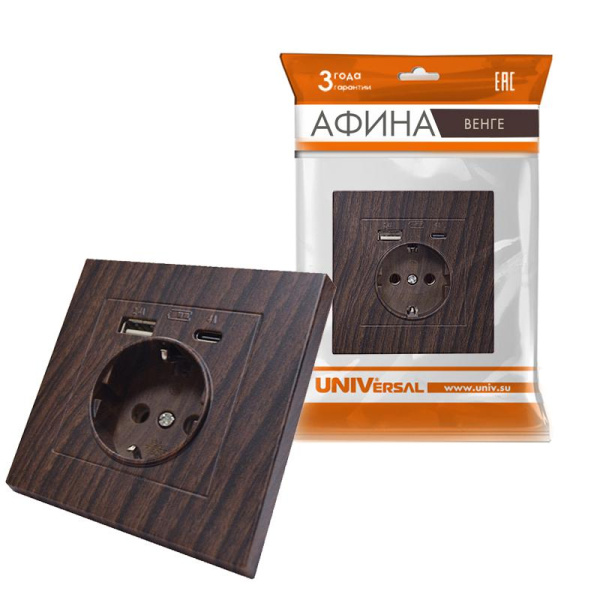 Розетка 2-м USB СП Афина тип А+С 5В 1х2.4А 2х4А механизм серебро Universal A0059-S