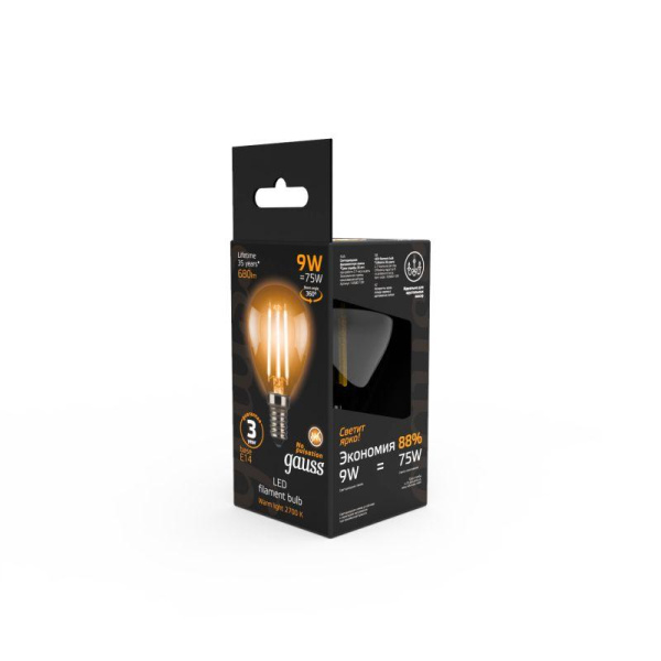 Лампа светодиодная филаментная Black Filament 9Вт P45 шар 2700К тепл. бел. E14 680лм GAUSS 105801109