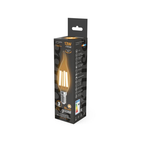 Лампа светодиодная филаментная Black Filament 13Вт свеча на ветру 2700К тепл. бел. E14 1100лм GAUSS 104801113