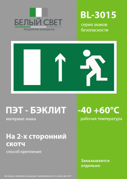 Знак безопасности BL-3015.E12 "Направление к эвакуационному выходу прямо (лев.)" Белый свет a12539