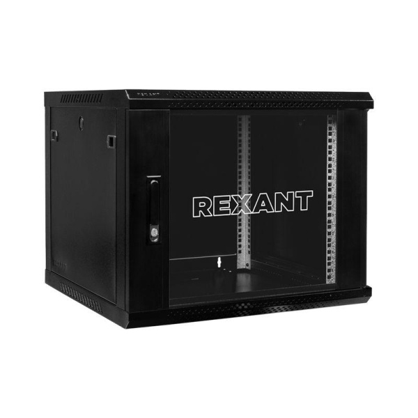 Шкаф телекоммуникационный настенный 19дюйм 12U 600х600х635 дверь стекло стенка задняя боковые съемные стенки разборный черн. RAL9005 Rexant 04-1266-112