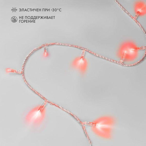 Гирлянда светодиодная "Нить" 10м 100LED красн. 10Вт 230В IP65 постоян. свечение провод ПВХ прозр. (нужен шнур питания 303-500-1) Neon-Night 305-182