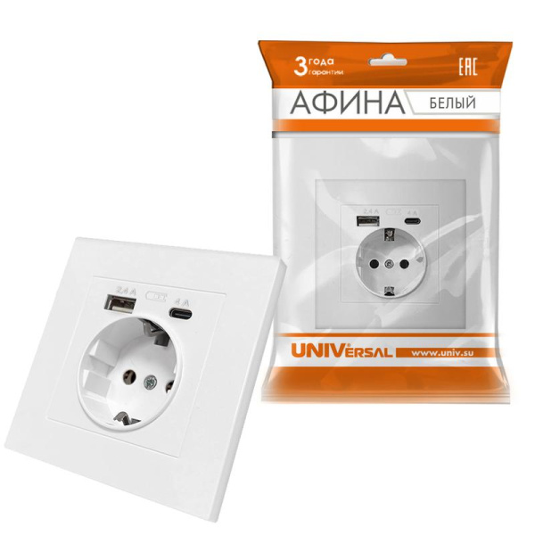 Розетка СП Афина 16А с заземл. с 2-мя заряд. устр. USB 5В тип А(2.4А)+С(4А) в сборе жемчуг Universal A0056-Obr