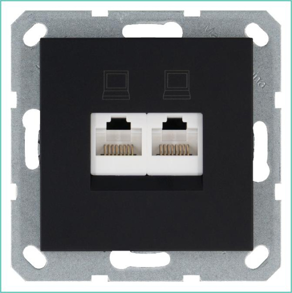 Розетка компьютерная 2-м RJ45 IP20 кат. 6 механизм черн. матов. soft touch Jasmart G6108PB