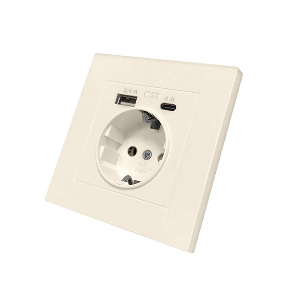 Розетка 2-м USB СП Афина тип А+С 5В 1х2.4А 2х4А механизм шампань Universal A0059-Br