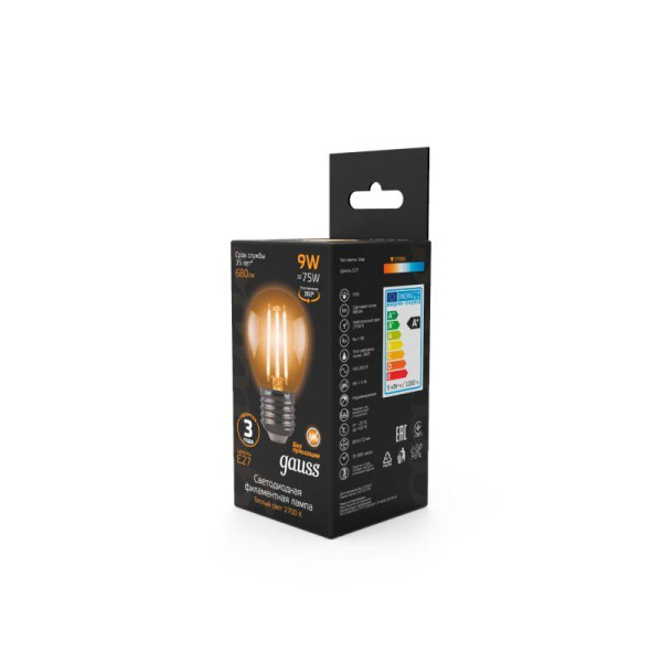 Лампа светодиодная филаментная Black Filament 9Вт P45 шар 2700К тепл. бел. E27 680лм GAUSS 105802109