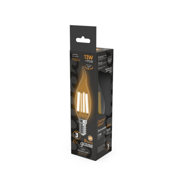 Лампа светодиодная филаментная Black Filament 13Вт свеча на ветру 2700К тепл. бел. E14 1100лм GAUSS 104801113
