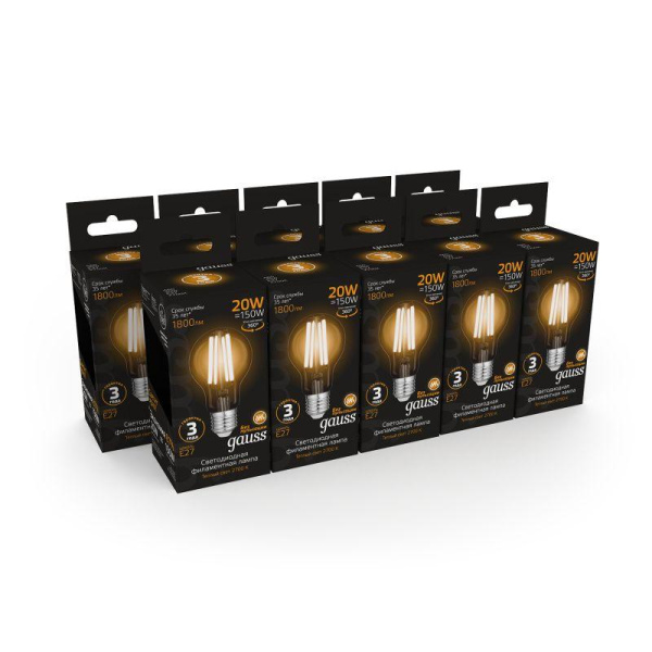 Лампа светодиодная филаментная Black Filament 20Вт A60 грушевидная 2700К тепл. бел. E27 1800лм GAUSS 102902120