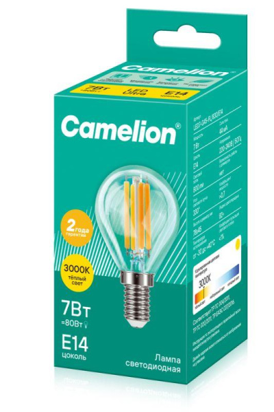 Лампа светодиодная филаментная LED7-G45-FL/830/E14 7Вт шар прозрачная 3000К тепл. бел. E14 220В Camelion 13456