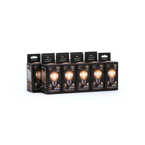 Лампа светодиодная филаментная Black Filament 9Вт P45 шар 2700К тепл. бел. E27 680лм GAUSS 105802109