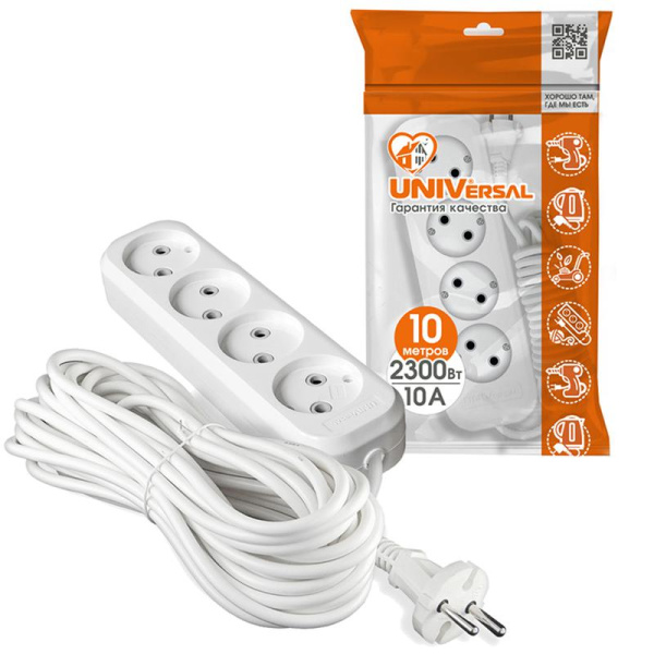 Удлинитель 4х10м без заземл. 10А IP20 У6-766М ПВС 2х1 UNIVersal 766М-10