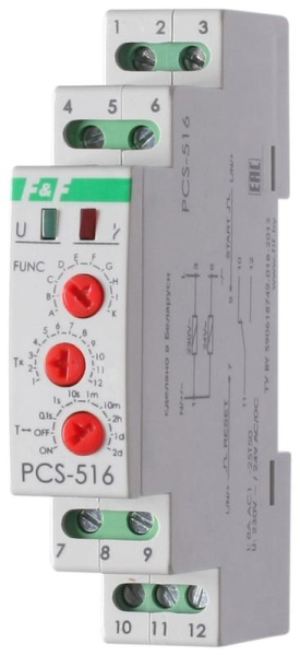 Реле времени PCS-516 8А 230В 1перекл. IP20 многофункц. вход: START/RESET монтаж на DIN-рейке (аналог РВО-1М) F&F EA02.001.013
