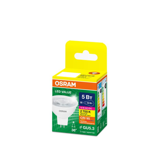 Лампа светодиодная LED G4 Value LVMR165036 5W/927 CRI95 5Вт 2700К 500лм рефлектор прозр. GU5.3 12-12В OSRAM 4610590510177