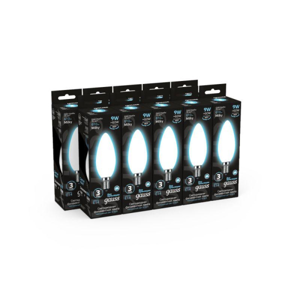 Лампа светодиодная филаментная Black Filament 9Вт свеча матовая 4100К нейтр. бел. E14 610лм GAUSS 103201209