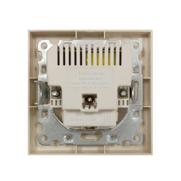 Розетка 2-м USB СП Афина тип А+С 5В 1х2.4А 2х4А механизм шампань Universal A0059-Br