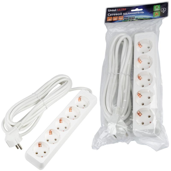 Удлинитель 5х5м с заземл. 16А Ultra S-GCU5-5 WHITE бел. Uniel UL-00010009