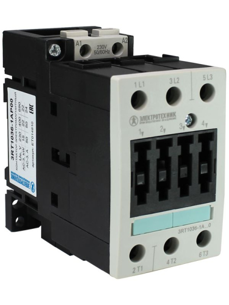 Контактор электромагнитный 3RT1036-1AP00 3п 50A кат. 230В AC 50Гц IP20AC-3 22кВт 400В типоразмер S2 винтов. клеммы Электротехник ET014810