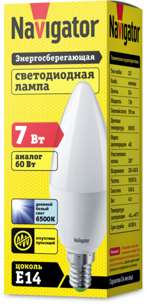 Лампа светодиодная 61 240 NLL-C37-7-230-6.5K-E14-FR 7Вт свеча матовая 6500К холод. бел. E14 595лм 176-264В Navigator 61240