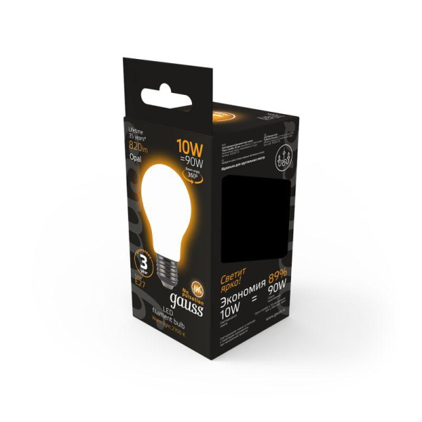 Лампа светодиодная филаментная Black Filament 10Вт A60 грушевидная матовая 2700К тепл. бел. E27 820лм GAUSS 102202110