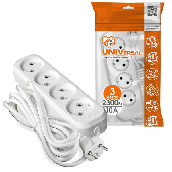 Удлинитель 4х3м без заземл. 10А IP20 Е-204 ПВС 2х0.75 АБС-пластик UNIVersal 9631968