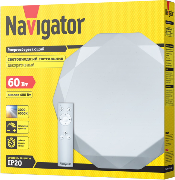 Светильник светодиодный 61 661 NBL-RC01-60-MK-IP20-LED 60Вт IP20 4000лм с пультом ДУ алмаз Navigator 61661