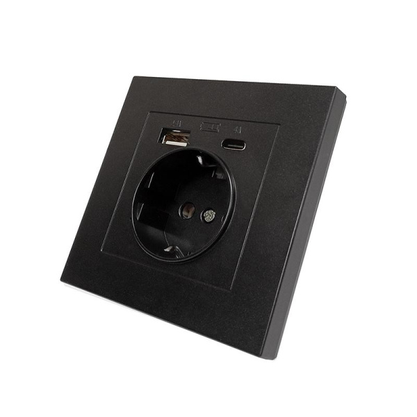 Розетка СП Афина 16А с заземл. с 2-мя заряд. устр. USB 5В тип А(2.4А)+С(4А) в сборе серебр. Universal A0056-S