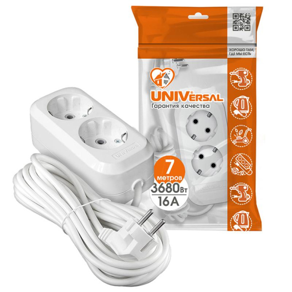 Удлинитель 2х7м с заземл. IP20 Е-302А ПВС 3х1.5 Universal 1720