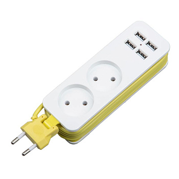 Удлинитель 2х1.5м без заземл. 10А Travel S-CT2-1.5U WHITE/GREEN 2 гнезда 4USB (21А) бел./салат. Uniel UL-00011134