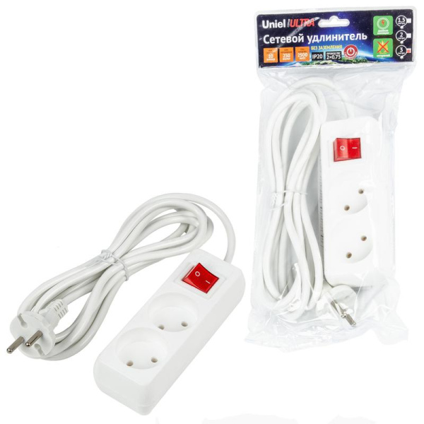 Удлинитель 2х3м без заземл. 10А Ultra S-CU2-3B WHITE бел. Uniel UL-00009992
