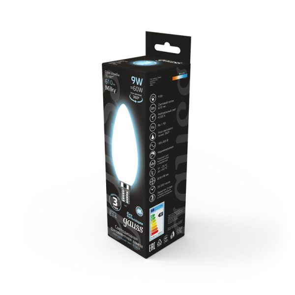 Лампа светодиодная филаментная Black Filament 9Вт свеча матовая 4100К нейтр. бел. E14 610лм GAUSS 103201209