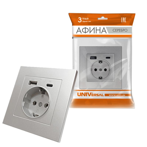 Розетка СП Афина 16А с заземл. с 2-мя заряд. устр. USB 5В тип А(2.4А)+С(4А) в сборе сл. кость (ivory) Universal A0056-I